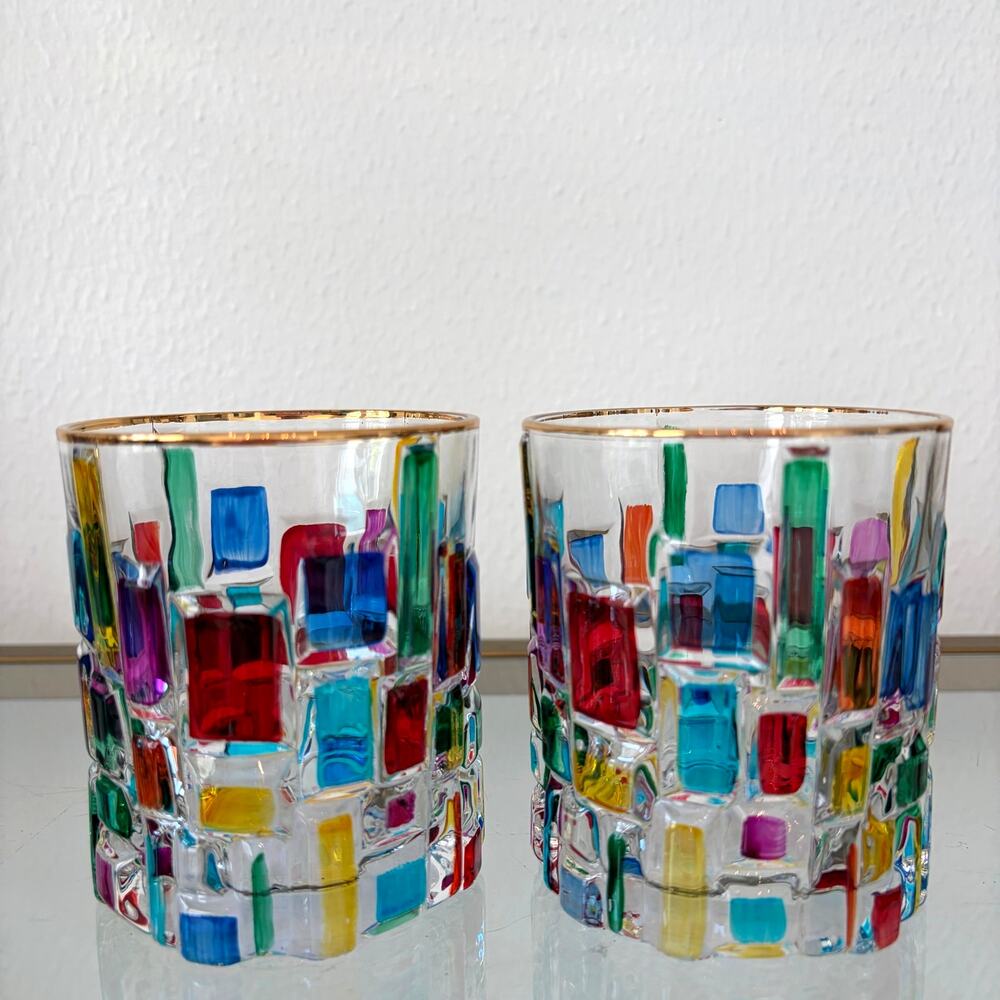 Hand Painted Italian Murano Crystal Whiskey Glasses 2pc 10oz Colorful Mosaic